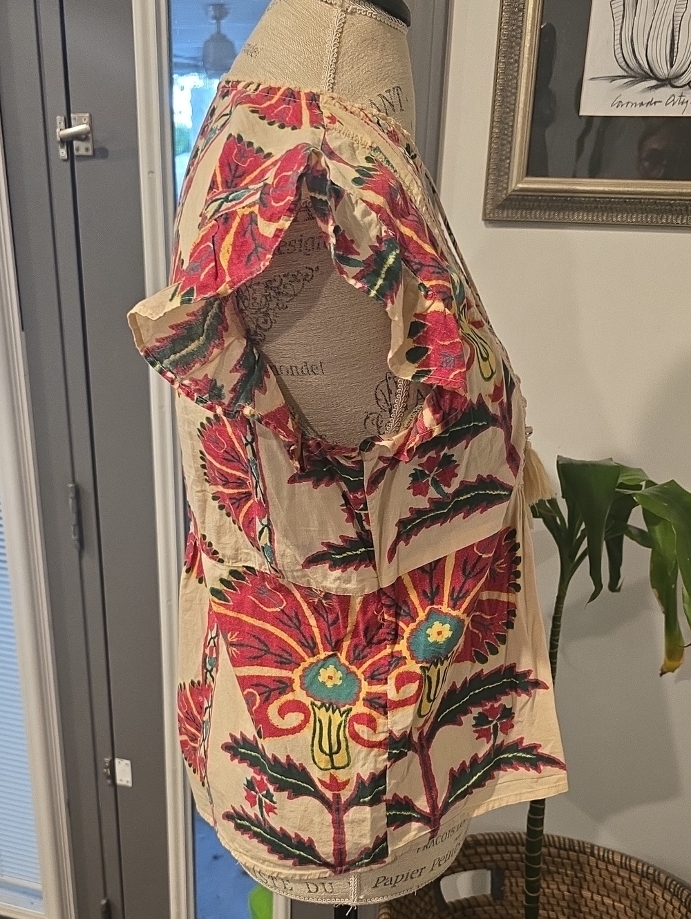 Haute Hippie Boho Embroidered Tassel Peasant Top - Cream & Red Floral - Picture 7 of 9